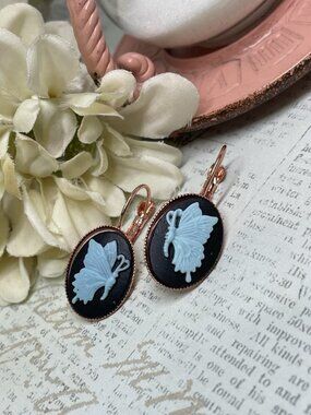 Rose Gold Butterfly Wire Earrings Wedding Birthday Anniversary Black Blue Cameo